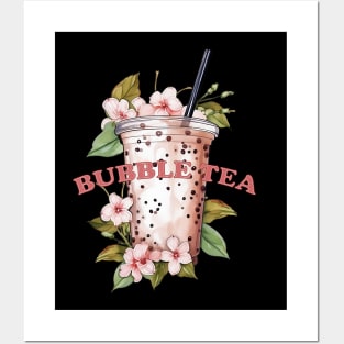 BUBBLE TEA - boba tea - flowers and green leafs Posters and Art